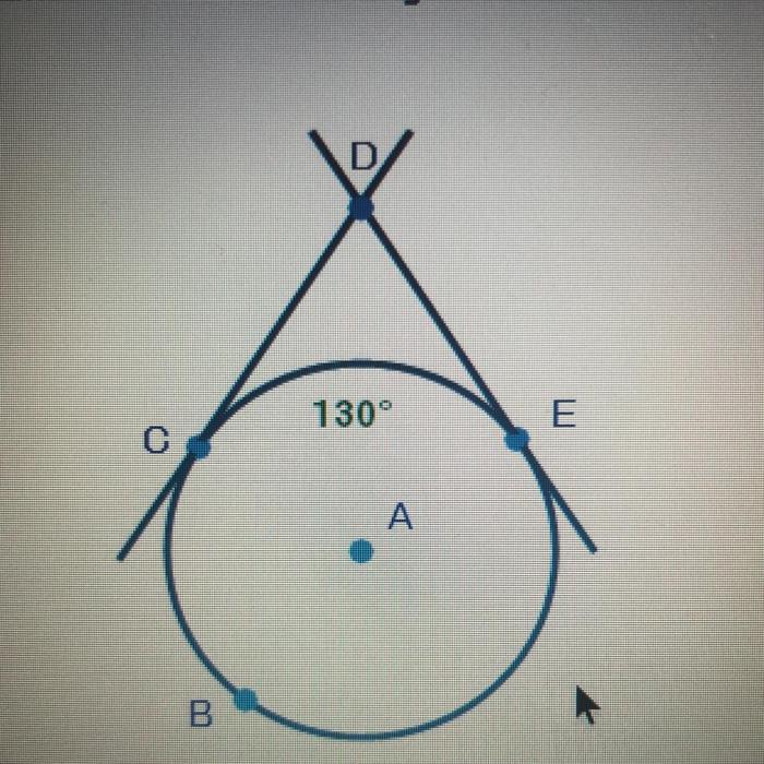 Lines cd and de are tangent to circle a