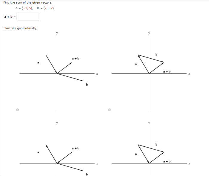 Find the sum of the given vectors and illustrate geometrically